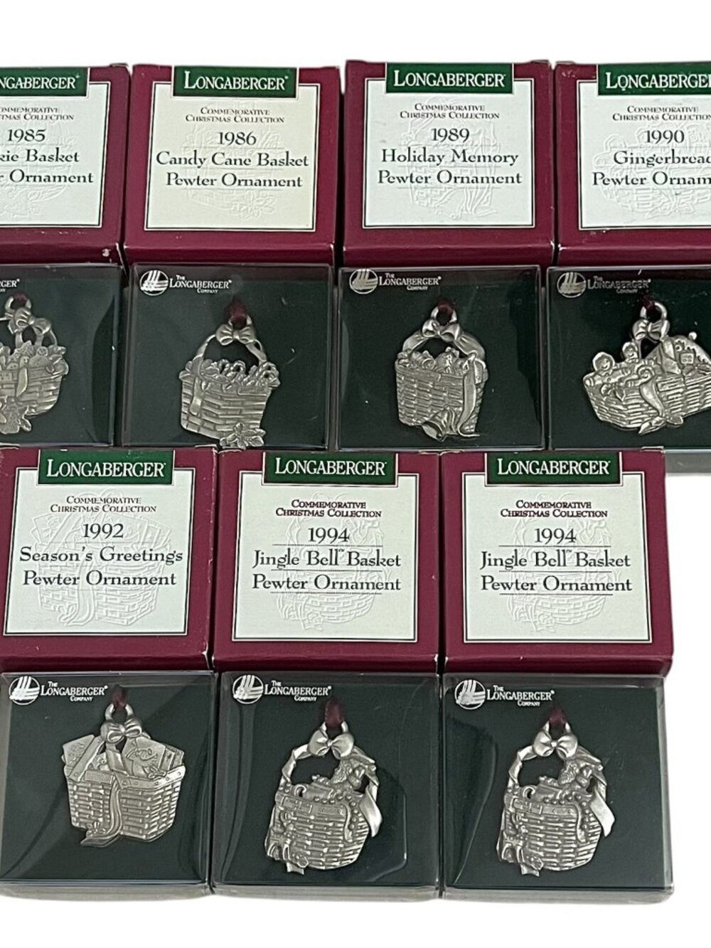 Longaberger Pewter Ornaments Lot 1985-1994 w/ Boxes Christmas Basket Set Vtg
